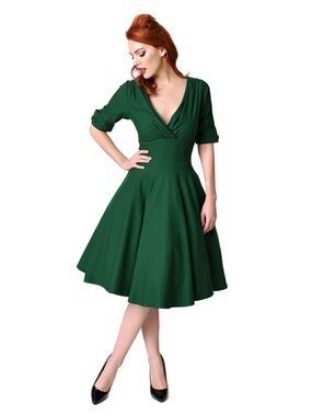 Unique Vintage Forest Green V-Neck Fit & Flare Dress